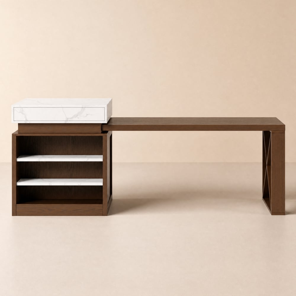 Îlot de cuisine extensible 185-235 cm blanc et noyer avec table intégrée, 4 places image de fenêtre