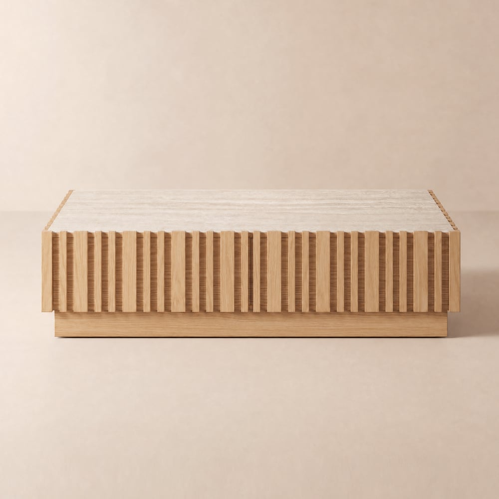 Aura 47" Ash Wood Slatted Coffee Table with Sintered Stone Top window image