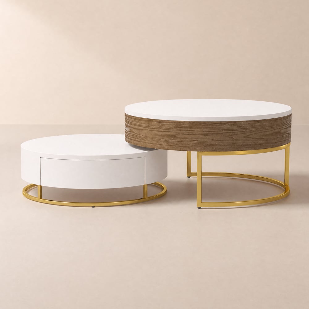 Round 2-Piece Nesting Set Lift-Top Coffee Table and Wooden Coffee Table with 2 Drawers window image