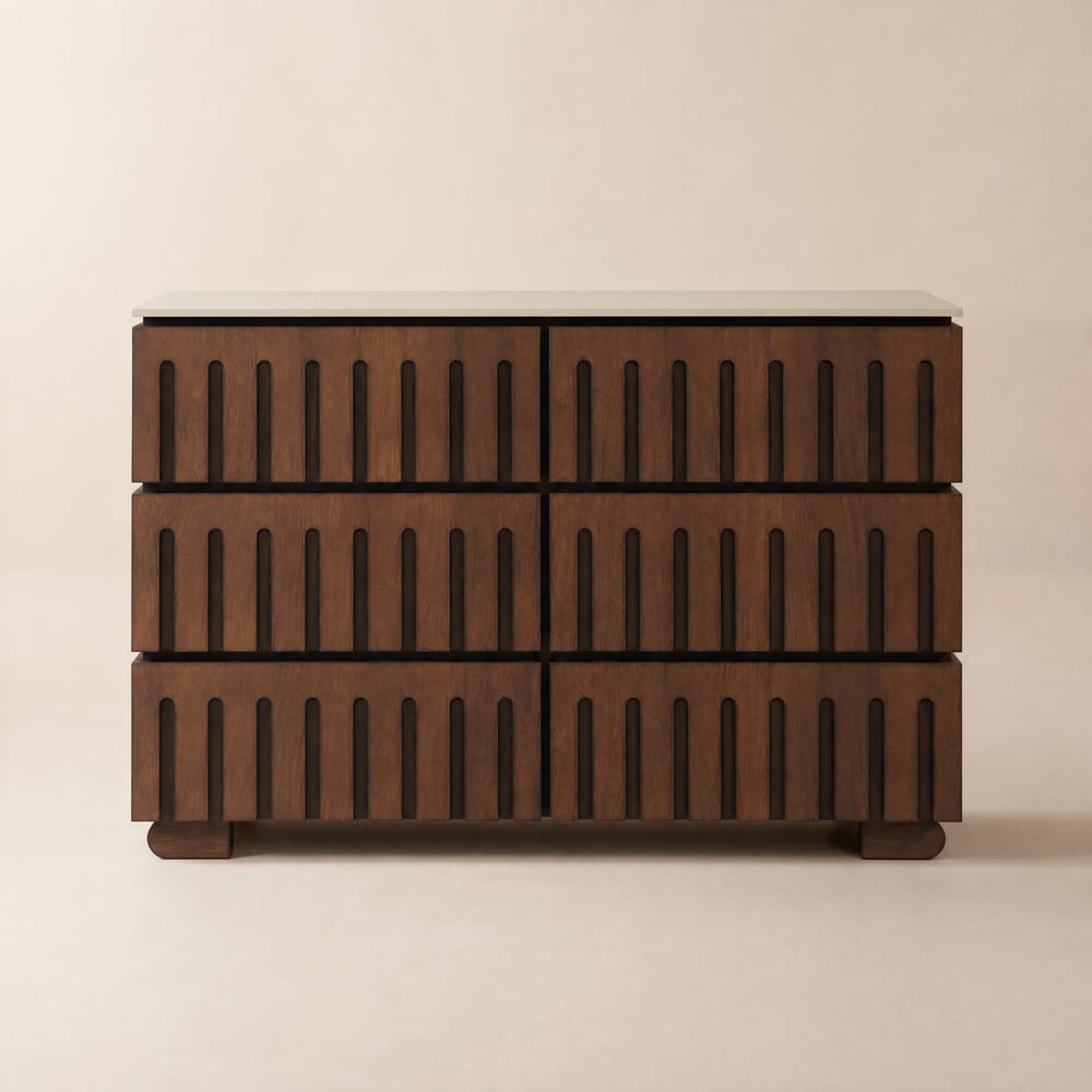 Comò moderno Florva da 119 cm in legno di frassino a 6 cassetti con piano in pietra sinterizzata effetto travertino Immagine della finestra