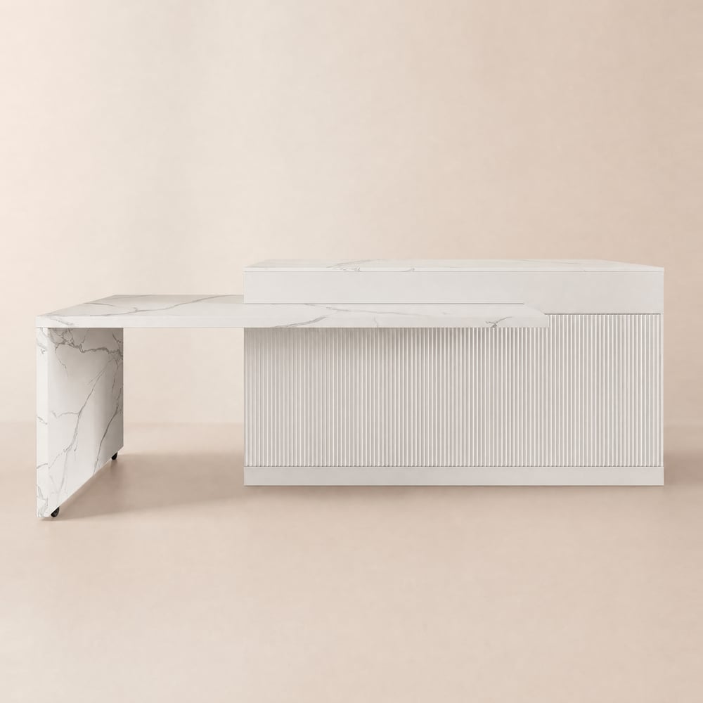 Ilha de cozinha extensível 205 - 268 cm efeito mármore com portas e gavetas branco Imagem da janela