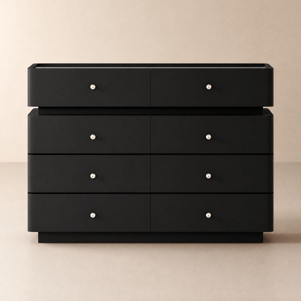 Modern 120 cm Tempered Glass Top 8-Drawer Black Dresser with LED and Jewelry Trays window image