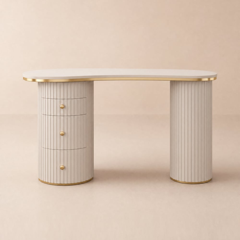 Modern 110 cm Curved Warm White Wood Desk 3 Drawers & Fluted Double Pedestal Base window image