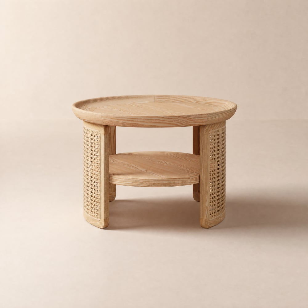 2-Tiered Japandi Round Wood Coffee Table with Rattan Base window image