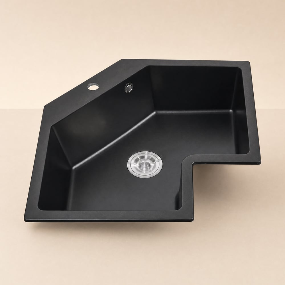 Évier de cuisine d'angle à encastrer noir de 640 mm, évier irrégulier moderne à cuve unique en quartz image de fenêtre