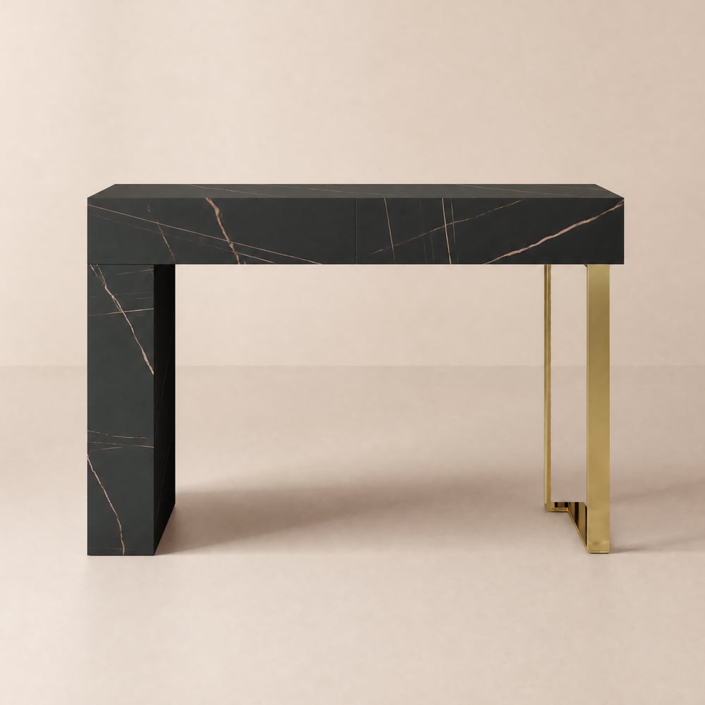 Console effet marbre moderne de 119 cm avec 2 tiroirs et pieds dorés image de fenêtre