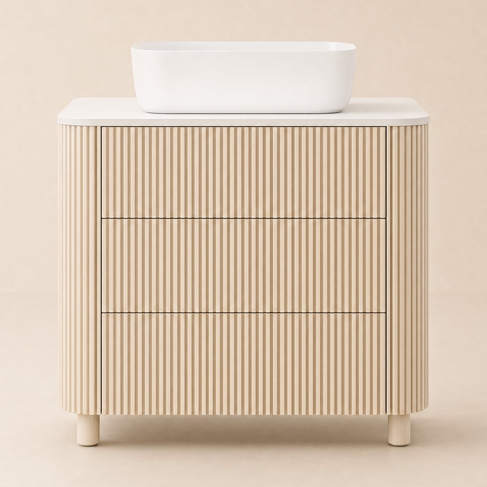 32" Fluted Freestanding Bathroom Vanity with Vessel Sink, 3-Drawers, Sintered Stone top window image