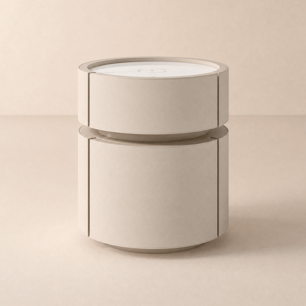 Comodino Rotondo LED Pelle Scamosciata Avena, 2 Cassetti e Ricarica Wireless Immagine della finestra