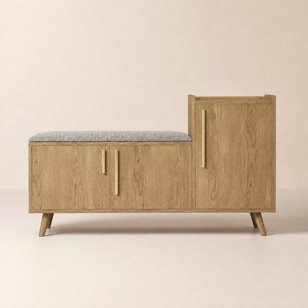 Banc de rangement à chaussures en noyer avec meuble d'entrée sur la droite image de fenêtre