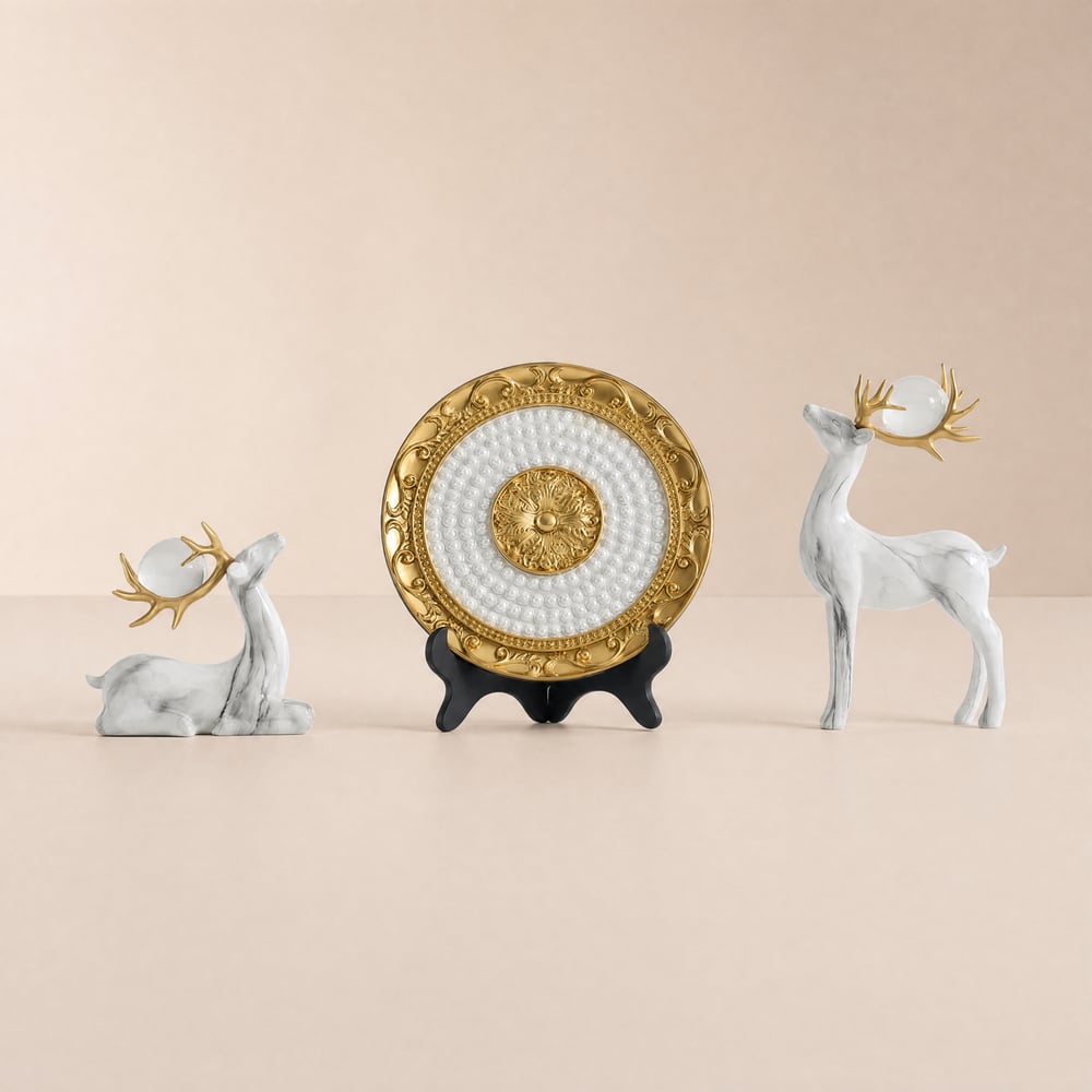 Estatueta de veado dourado de 3 peças com conjunto de pratos decorativos, esculturas de animais de resina de luxo Imagem da janela