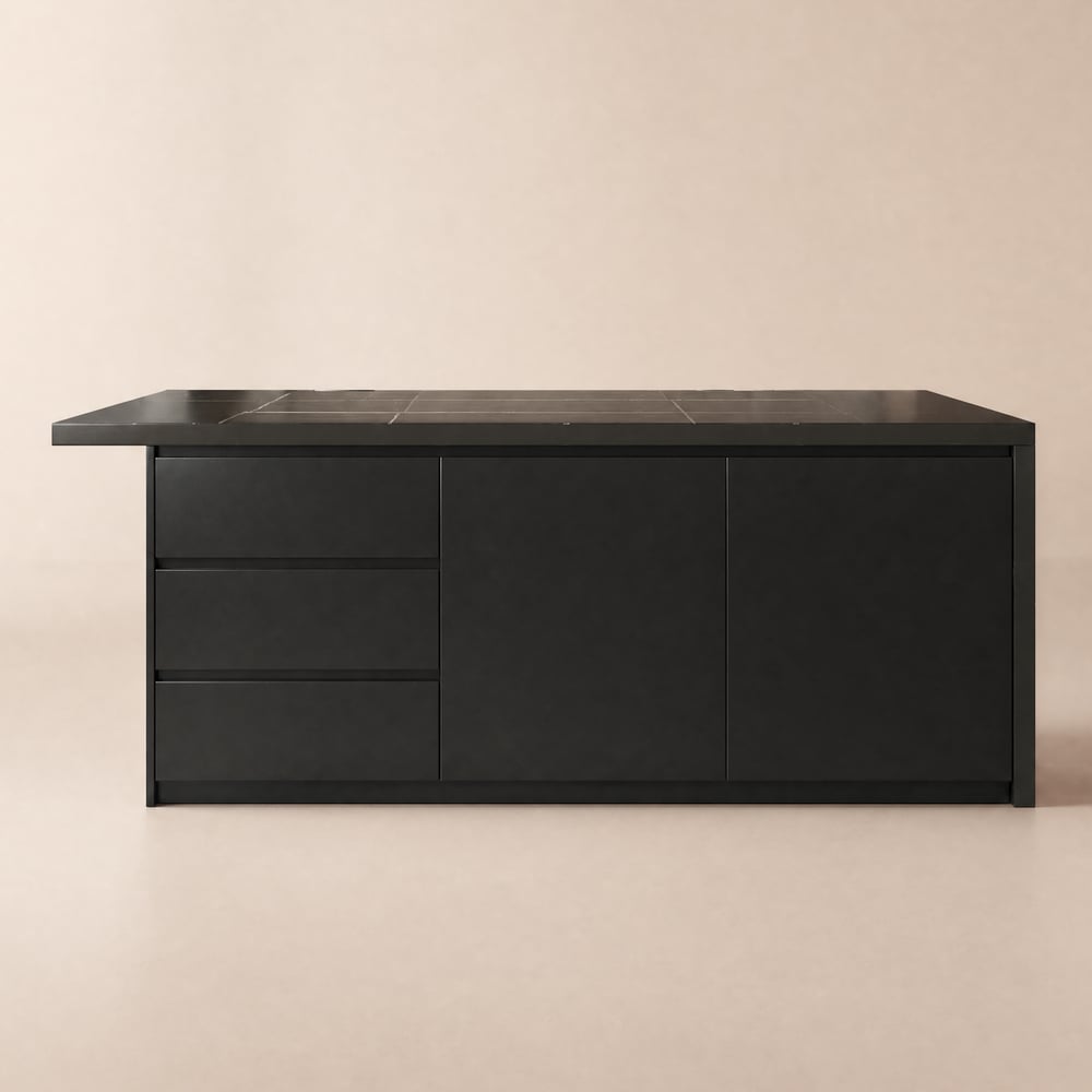 183 cm Kitchen Islands Marble Veneered Top Black Modern with Storage Kitchen Cabinet window image
