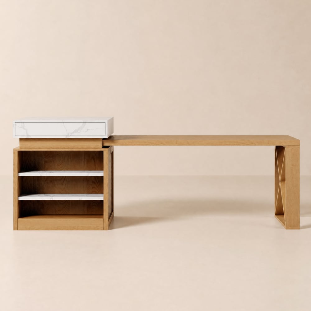 185 cm-235 cm Extendable White&Natural Kitchen Island with Storage Kitchen Cabinet window image