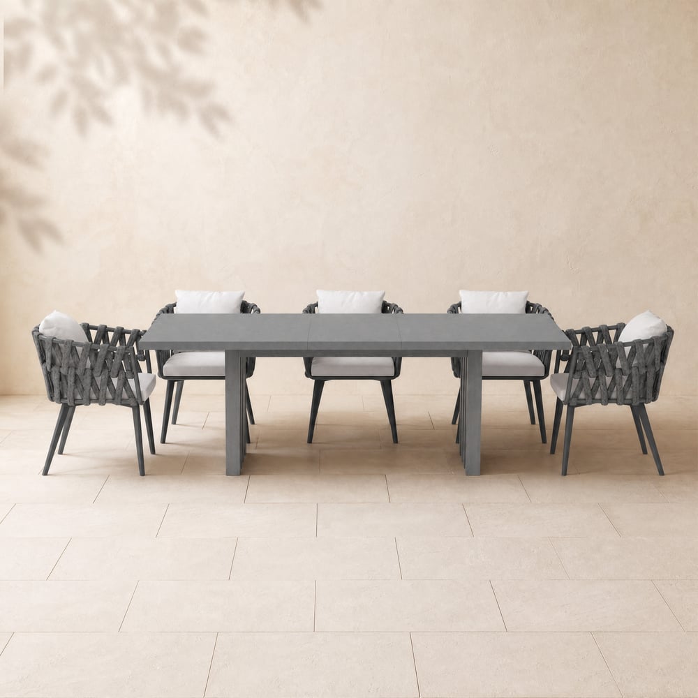 Ensemble de salle à manger d'extérieur extensible 9 pièces avec table en aluminium et 8 chaises tressées en gris image de fenêtre