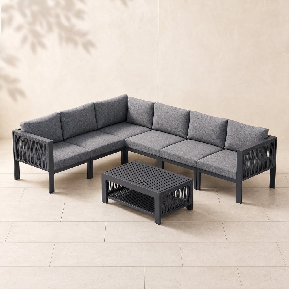 Ensemble de canapé de jardin modulaire 7 pièces Fencura en aluminium et corde tressée gris foncé image de fenêtre