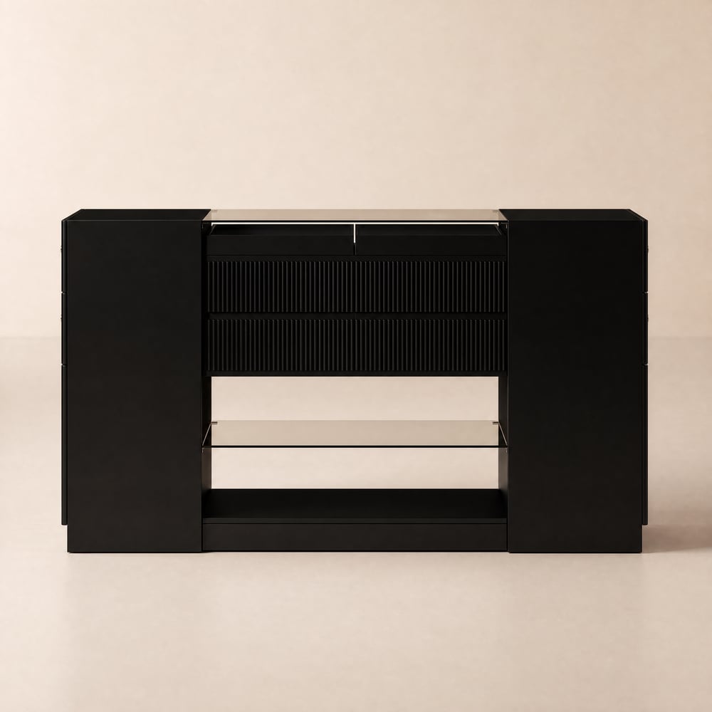 Isola Cabina Armadio 153 cm Nera con Piano in Vetro e Porta Gioielli Immagine della finestra