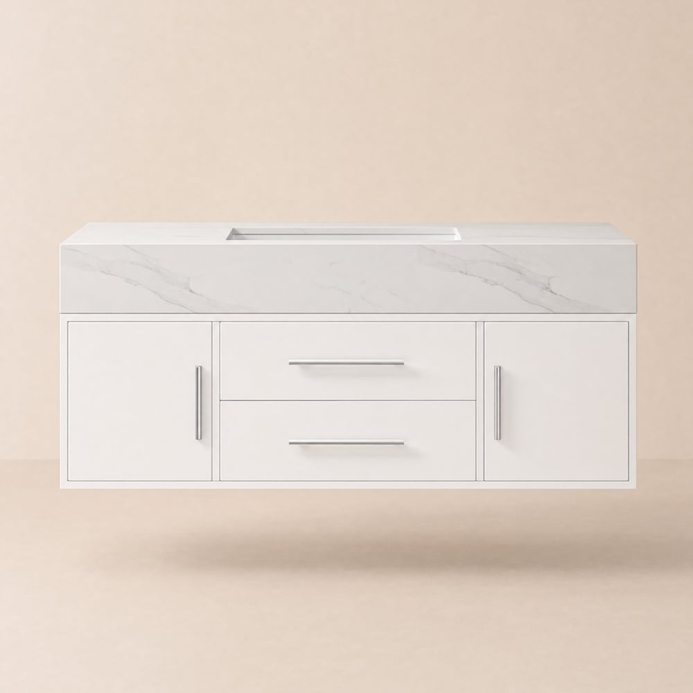Modern 39" White Floating Single Bathroom Vanity with Sintered Stone Top and Sink window image