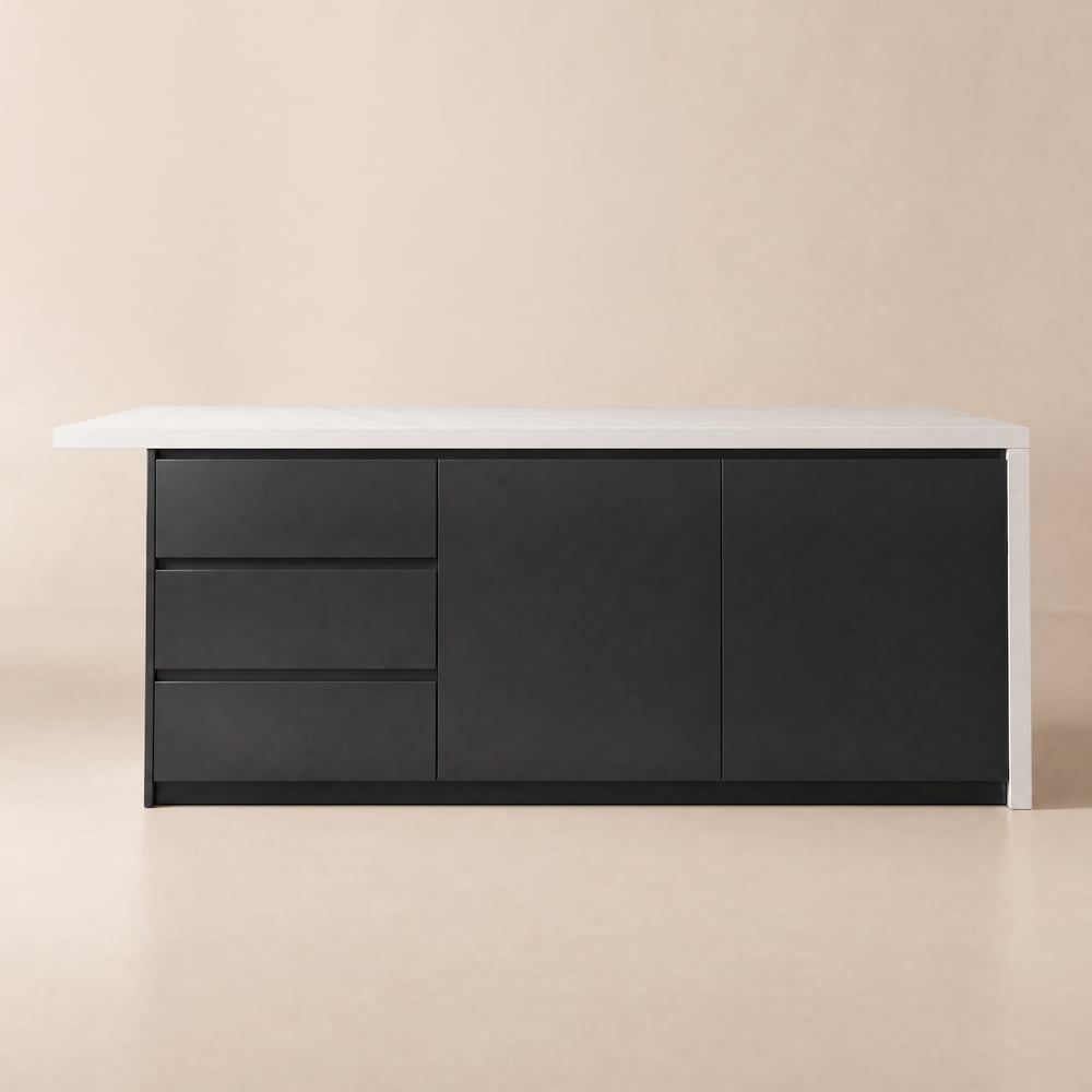 Îlot central de cuisine moderne 183 cm en bois blanc et noir avec rangement image de fenêtre