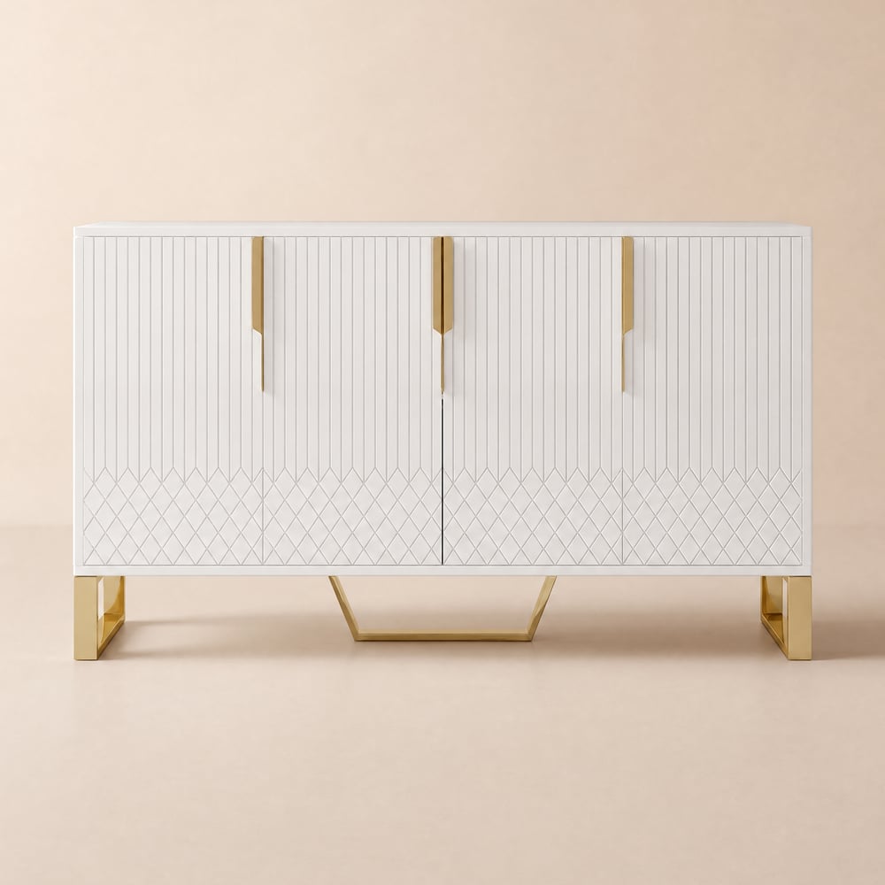 Buffet Aro 150 cm en bois blanc avec placards et étagères réglables image de fenêtre