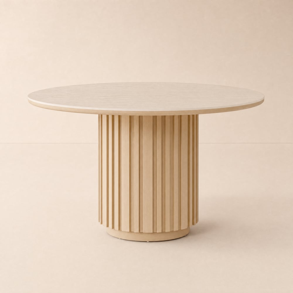 Aura 47" Round Natural Faux Travertine Sintered Stone Dining Table, Fluted Base, Seats 4 window image