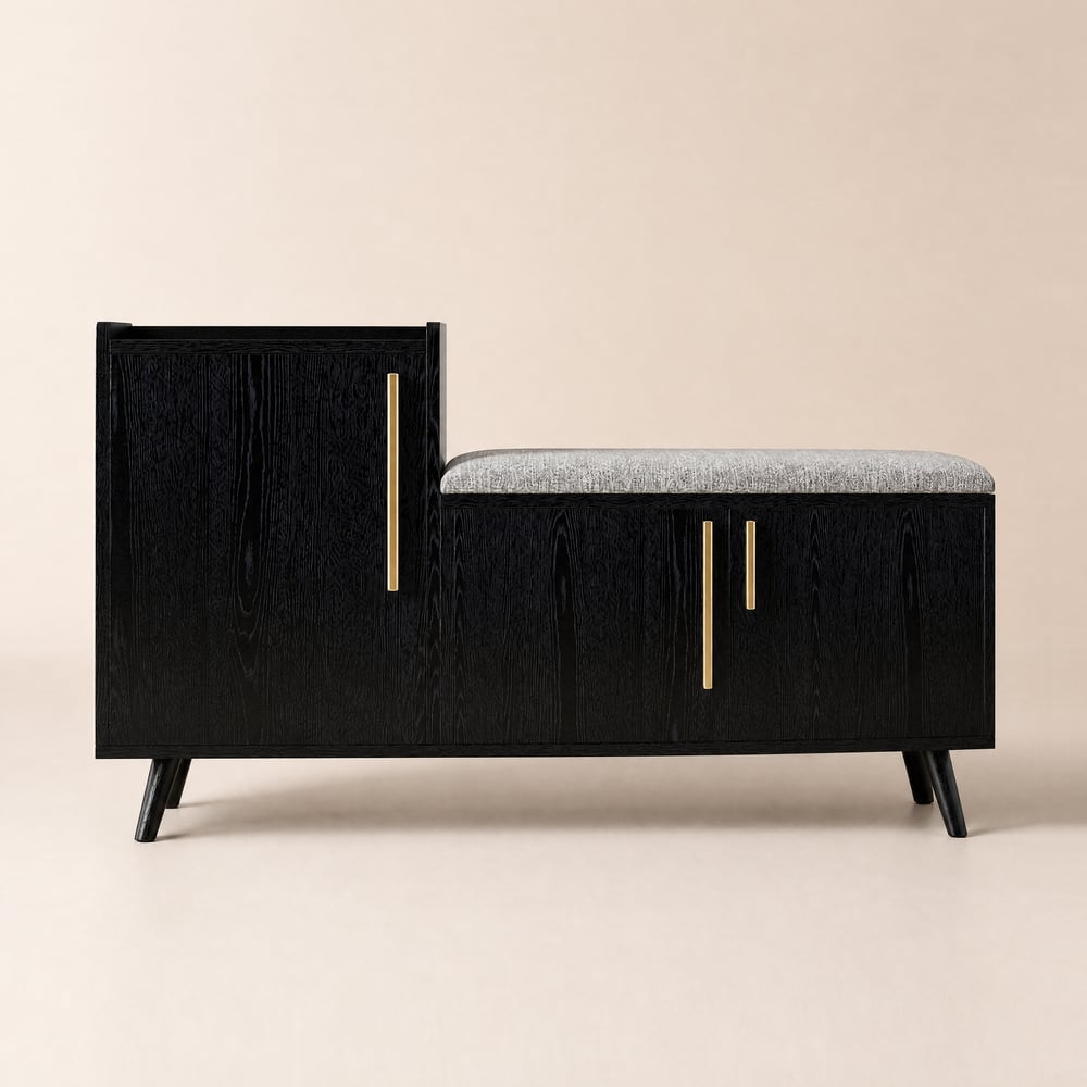 47" Black Wooden Shoe Storage Bench with 3 Doors & 5 Shelves for Entryway window image