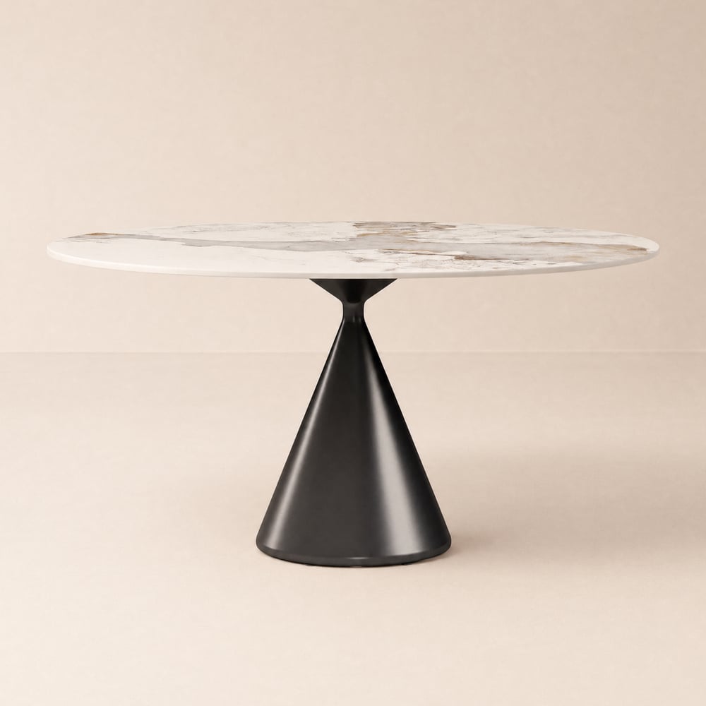 Mesa de Jantar Redonda Moderna de 152 cm em Pedra Sinterizada Brilhante com Base de Pedestal Preta, 6 Lugares Imagem da janela