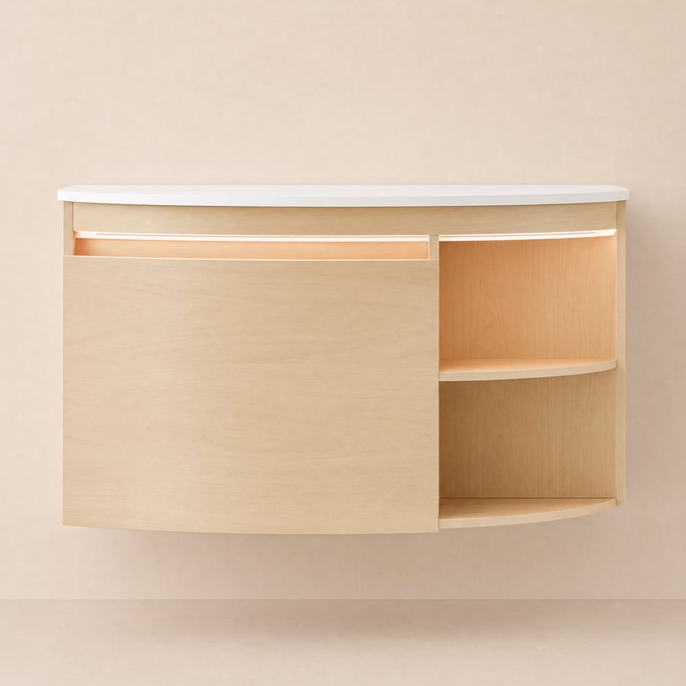 Modern 914 mm Corner Floating Single Bathroom Vanity with Sink, LED Light, Storage window image