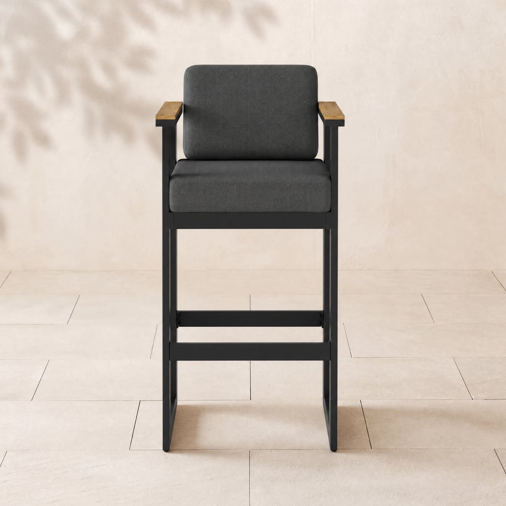 Tevara Outdoor Aluminium Frame & Teak Wood Armrest Bar Stools in Dark Grey, Set of 2 window image
