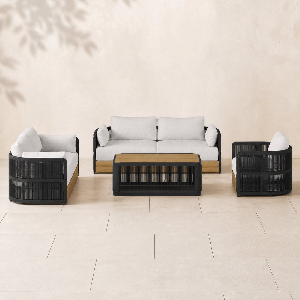 Ensemble de canapé pivotant Costra 4 pièces en corde tressée noire avec table basse, pour 6 personnes image de fenêtre