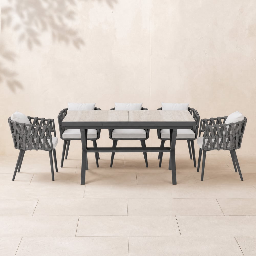Ensemble repas d'extérieur 9 pièces avec table extensible et 8 chaises en corde gris image de fenêtre
