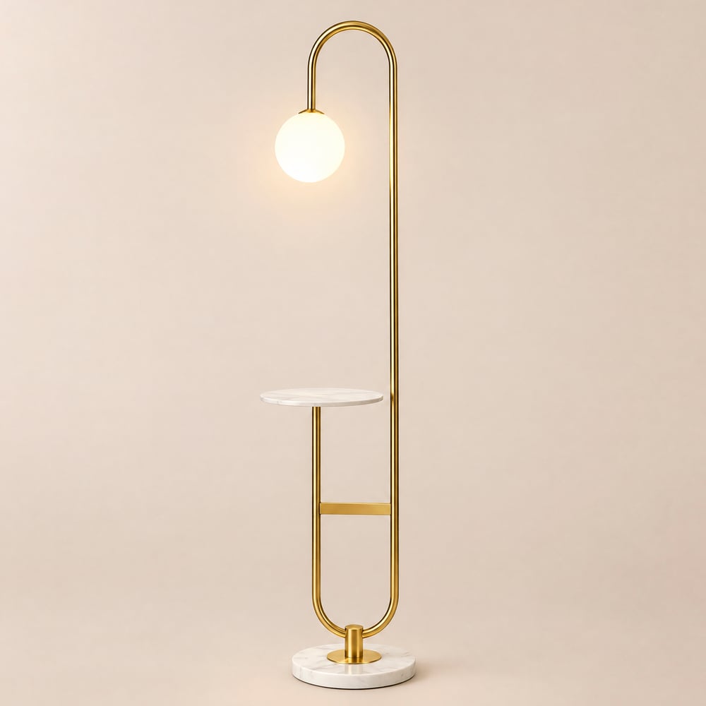 Globeal 60" Modern Arc Floor Lamp with Shelf in Gold with Glass Shade & Marble Base window image