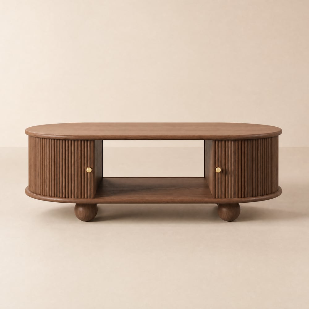 47" Modern Oval Walnut Solid Wood Fluted Coffee Table with Storage window image