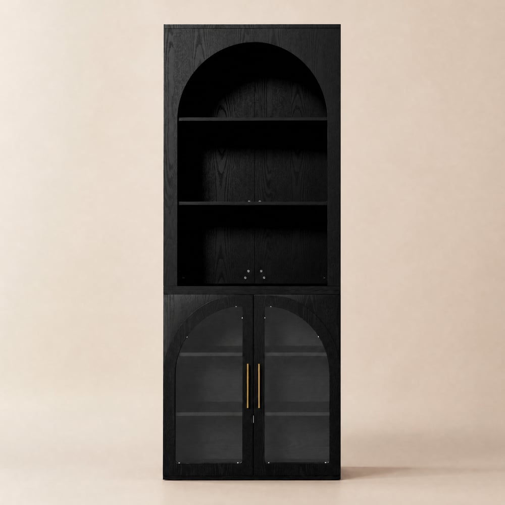 Arune Black Chest Bookcase with Storage Cabinet & LED Light window image