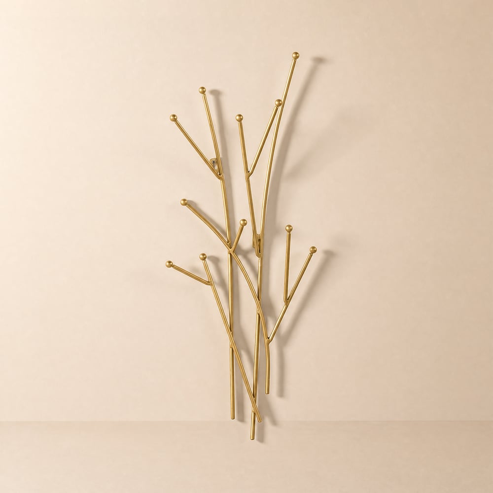 Modern 11-Hook Wall Mounted Coat Rack in Gold with Tree Branch Shape window image
