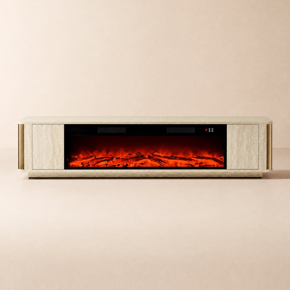 Elektrische haard-tv-meubel met travertijnlook en opbergruimte, 200 cm Vensterafbeelding
