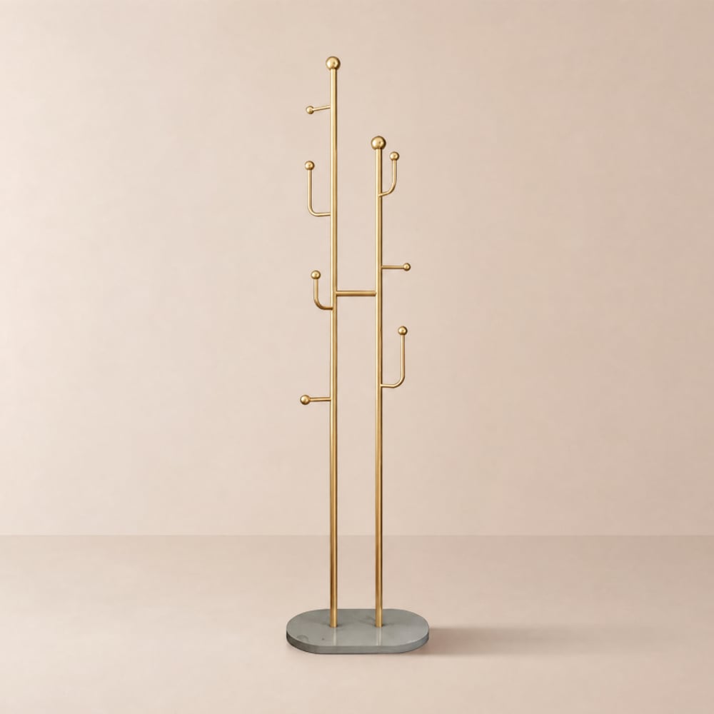 Perchero de metal moderno y elegante de 1700 mm con base de mármol en oro Imagen de ventana