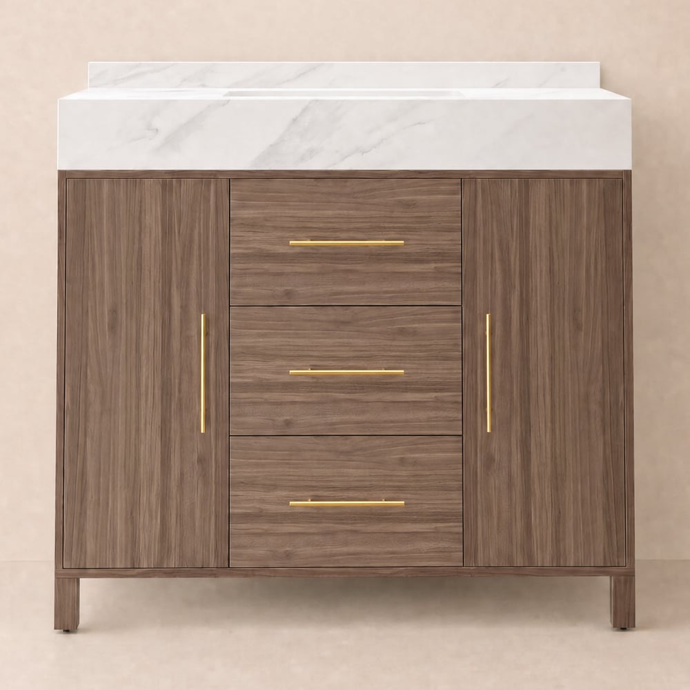 Modern 39" Walnut Sintered Stone Top Bathroom Vanity Set window image