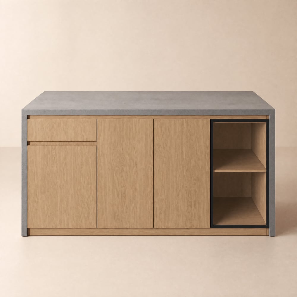 Modern 182 cm Concrete Gray Kitchen Island with Storage & LED Light, Waterfall Edge window image