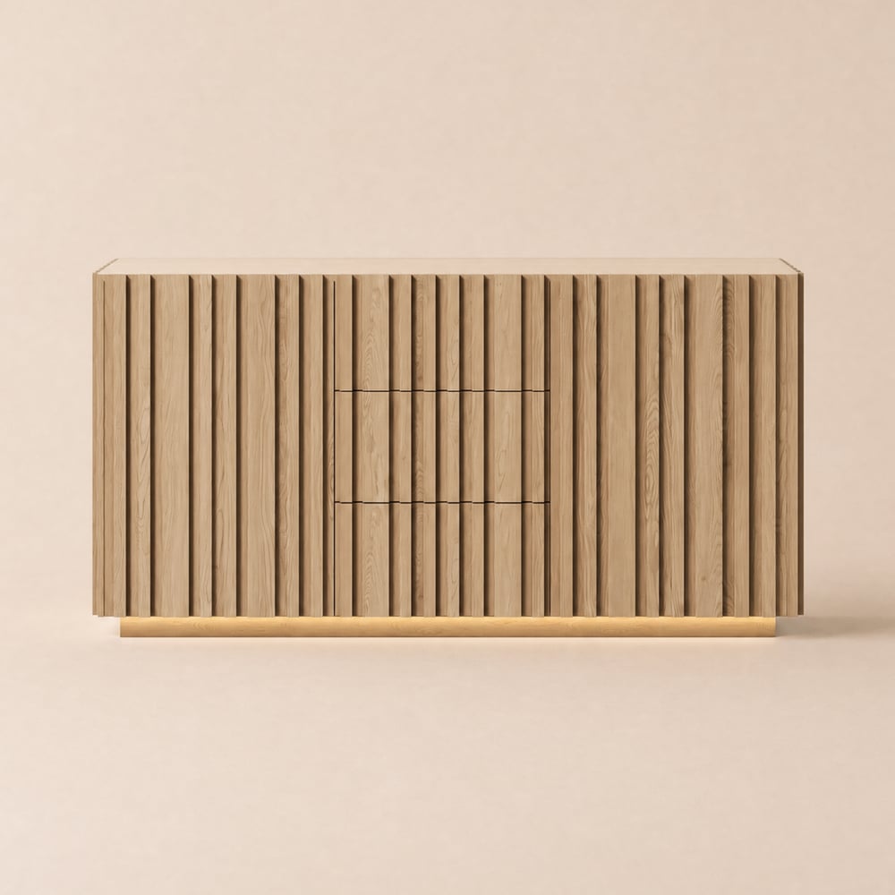 Aura 152 cm Travertine Effect Sideboard with Ash Slatted Doors and Natural LED Light window image
