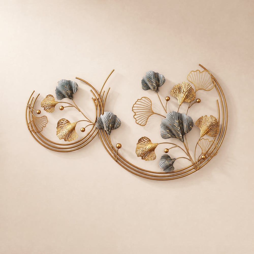 Modern 3D Hollow-out Ginkgo Leaves Wall Decor Home Metal Round Wall Art in Gold & Gray window image