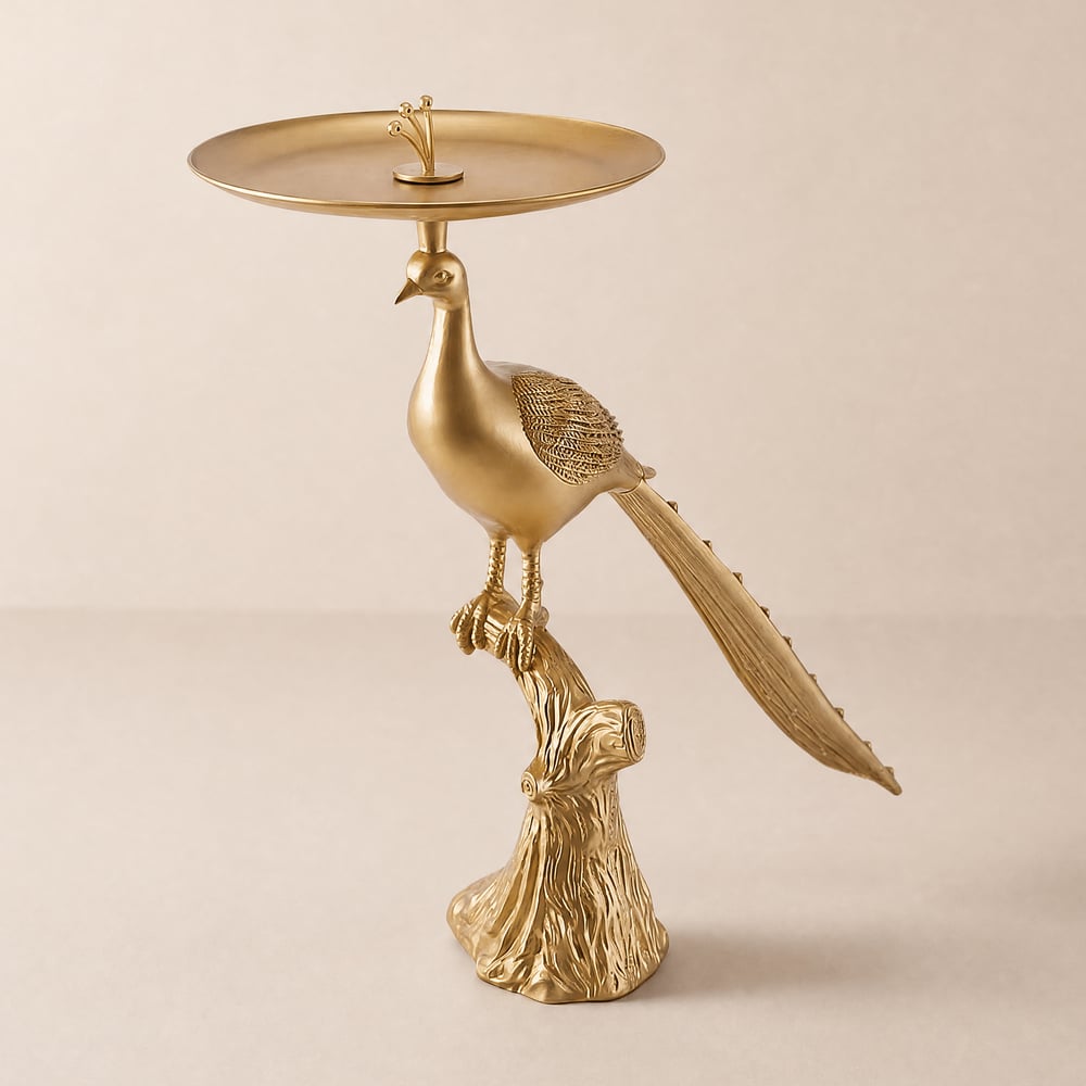 Peacock Figurine Art Deco Gold Side Table with Tray Top window image