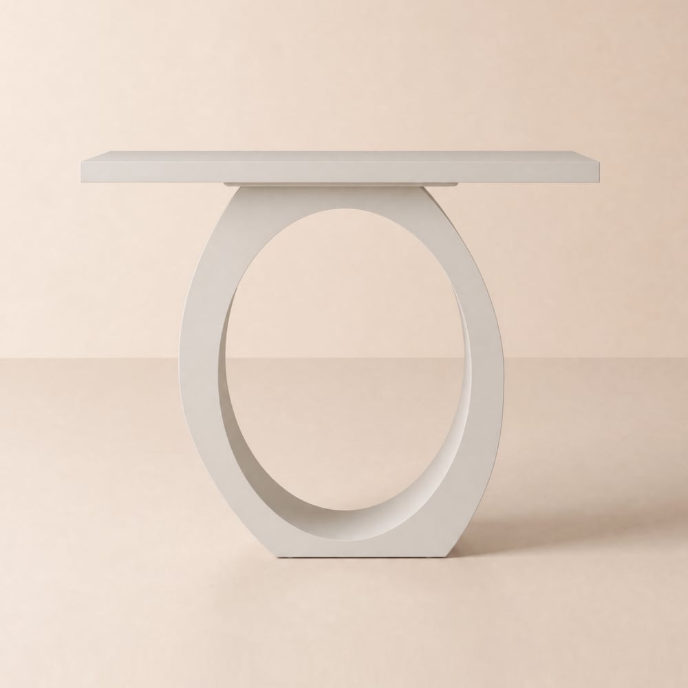 1000mm Modern White Console Table with Circle Base White Wooden Entryway Table window image