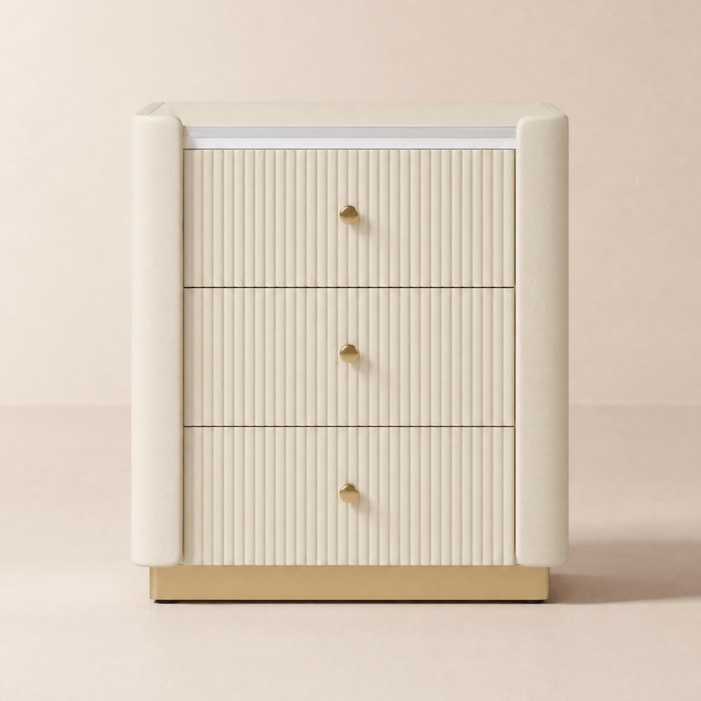 Mesa de Cabeceira Vallux em Couro Branco com 3 Gavetas, Tampo de Pedra Sinterizada e Porta USB Imagem da janela