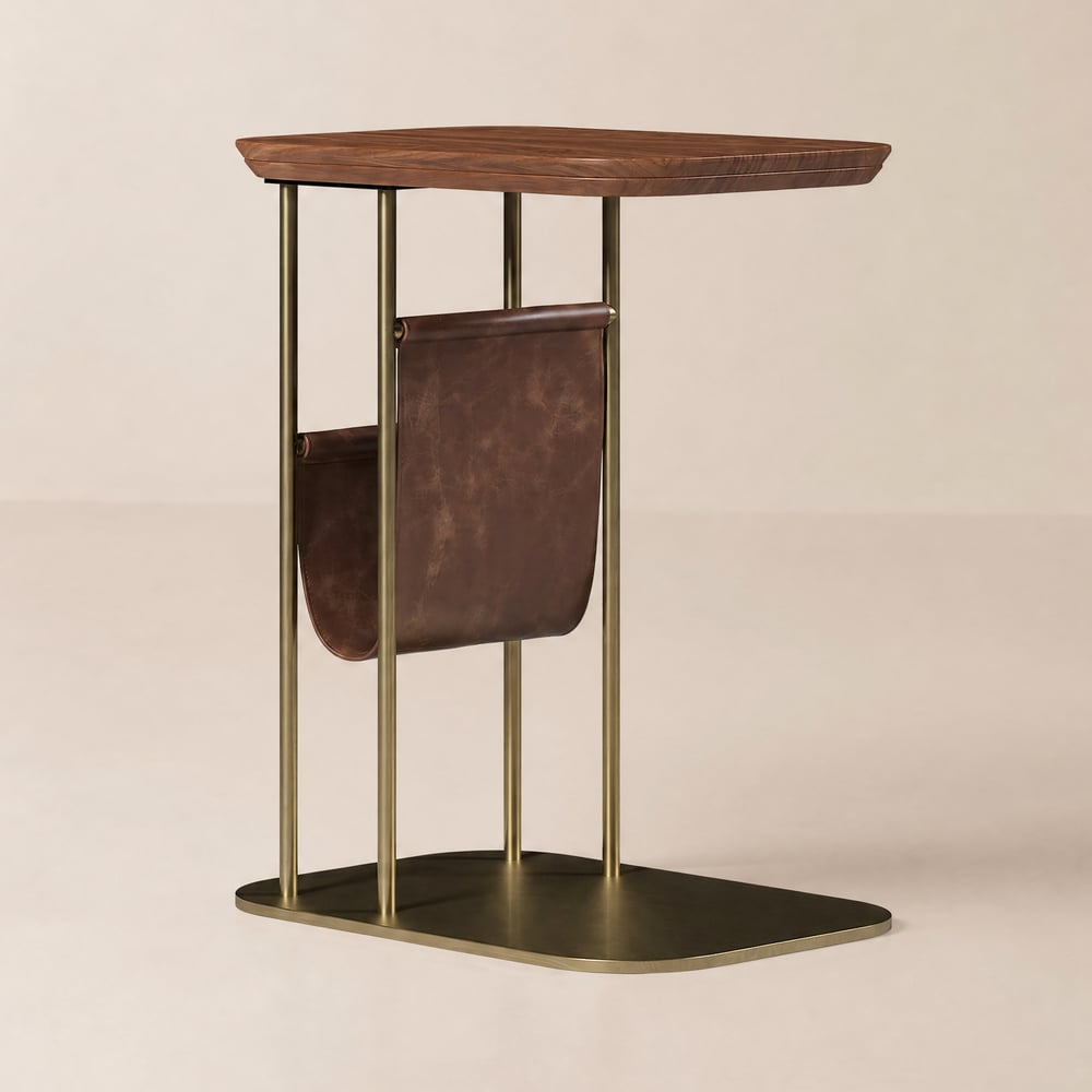 Modern 50 cm C-Shaped Walnut & Gold Rotating End Table with Magazine Rack window image