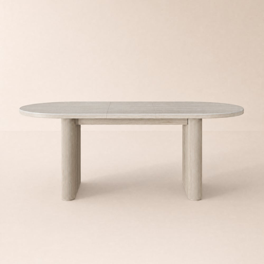 Table à manger ovale extensible en pierre frittée blanc antique mat pour 6 à 10 personnes, 200 à 240 cm image de fenêtre