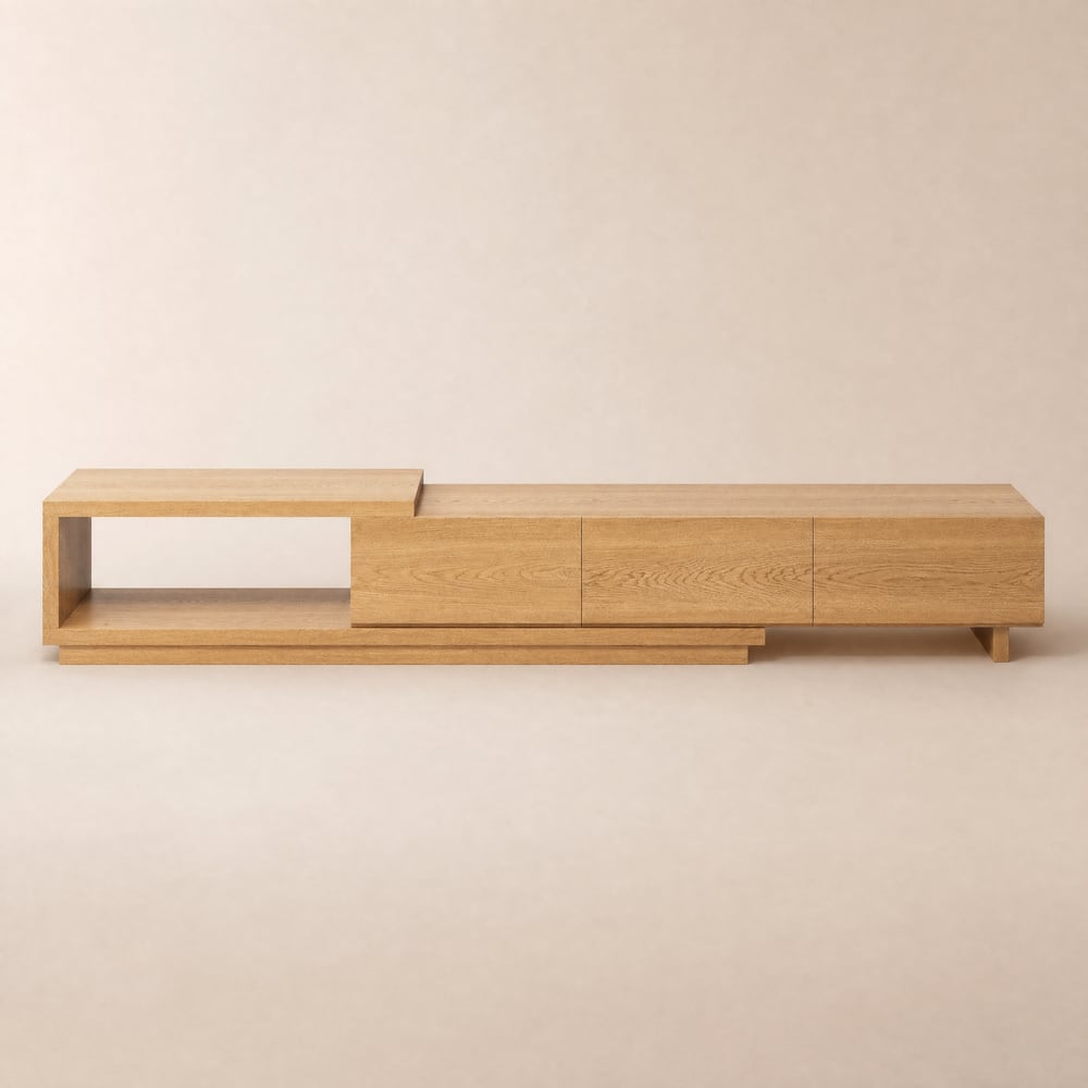 Meuble TV extensible Quoint 179 à 255 cm avec 3 tiroirs image de fenêtre