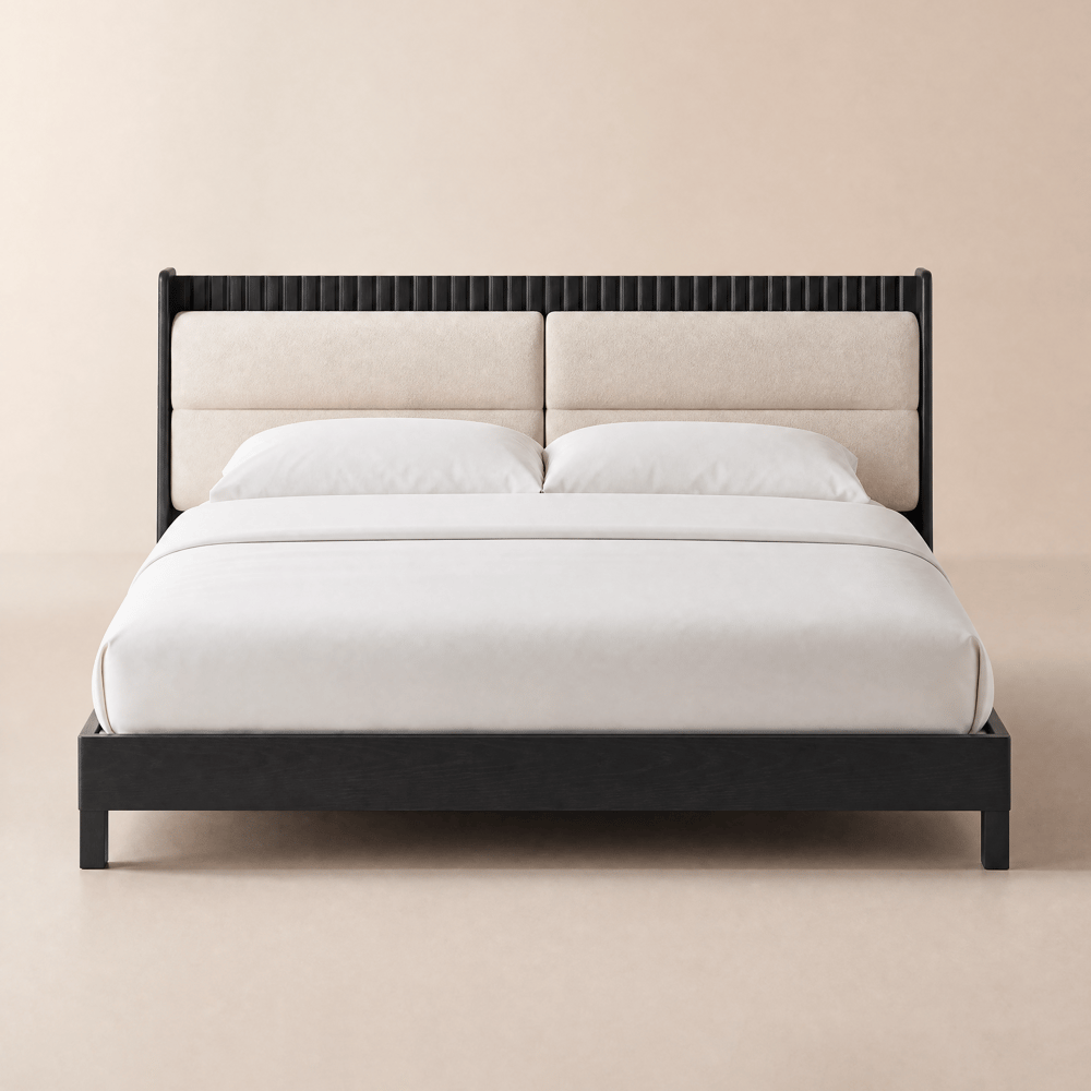Modern Queen Black Platform Bed with Boucle Headboard Pillows window image