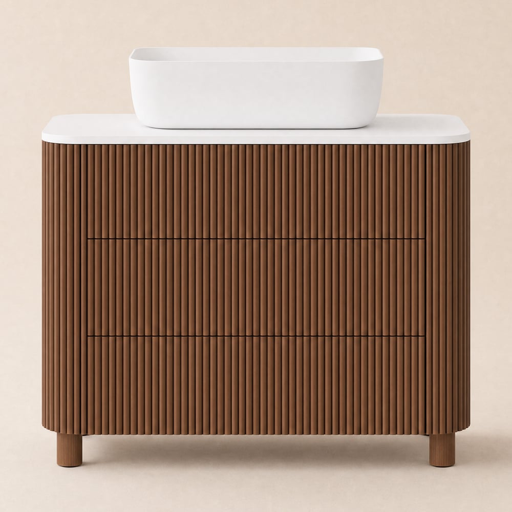 32" Fluted Freestanding Bathroom Vanity with Vessel Sink, 3-Drawers, Sintered Stone top window image
