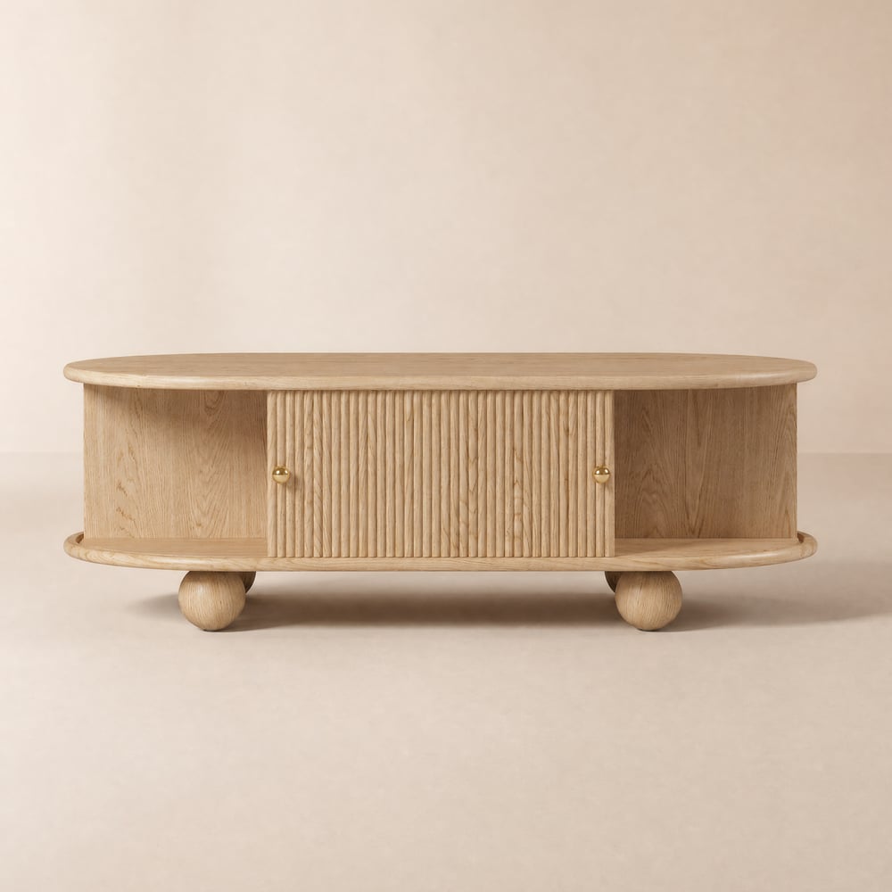 Stria 47" Modern Oval Natural Solid Wood Fluted Coffee Table with Storage window image