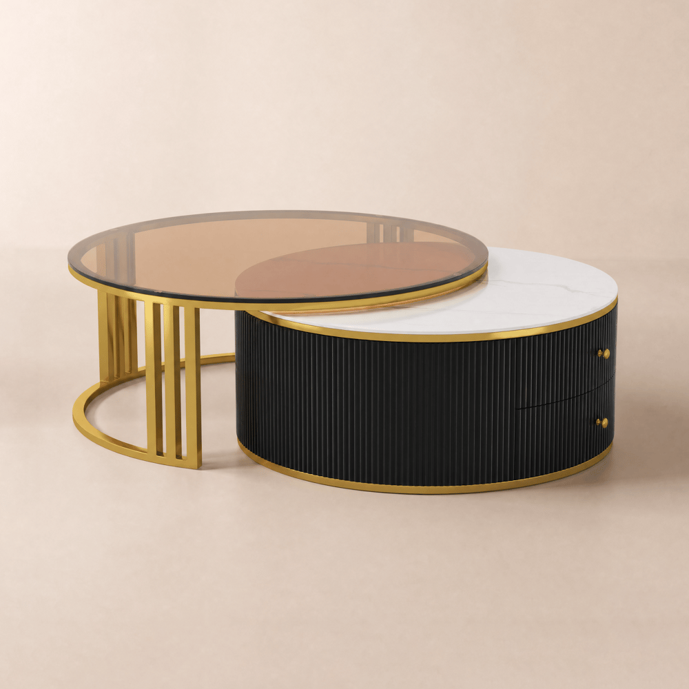 Grovyn 700mm-800mm Round Sintered Stone Glass Nesting Coffee Table Set window image