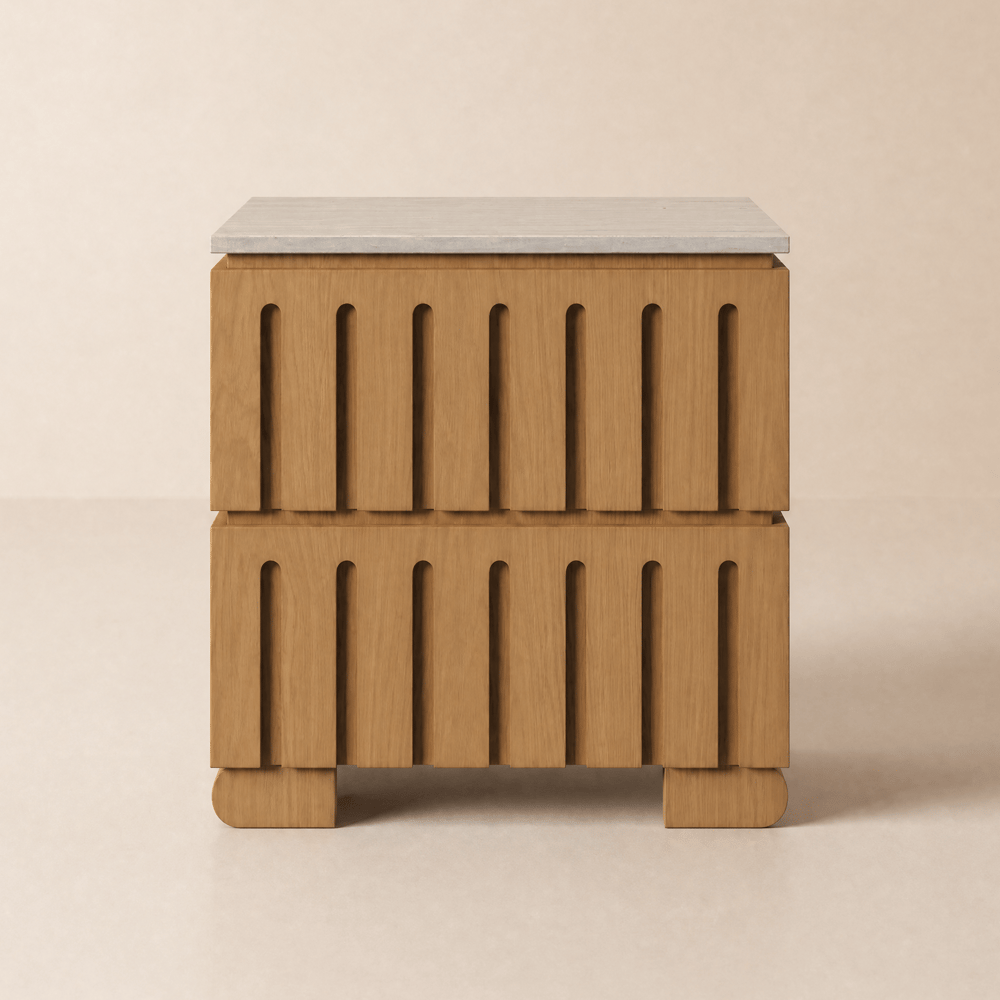 Florva Ash Wood 2-Drawer Nightstand with Faux Travertine-Top window image